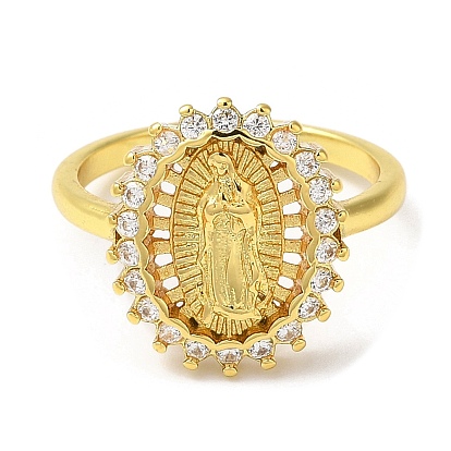 Clear Cubic Zirconia Virgin Mary Open Cuff Rings, Rack Plating Brass Jewelry, Long-Lasting Plated