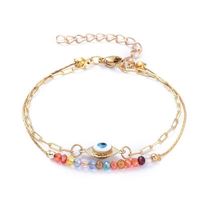 Multi-strand Bracelets, with Glass Beads, Brass Enamel Evil Eye Links, Brass Boston Link/Cable Chain and 304 Stainless Steel Lobster Claw Clasps