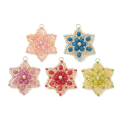 Подвески из натурального малазийского нефрита, украшенные стеклянным бисером и окрашенные., цветочный шарм, с открытыми пружинными кольцами из нержавеющей стали 304, реальный 18 k позолоченный