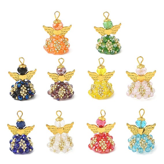 Подвески гальванизируйте стекла, ангел, с золотыми бусинами из сплава и железной петлей, граненые