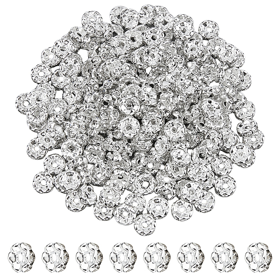 200 шт. Латунные бусины-распорки со стразами, класс А, волнистый край, серебряный цвет гальваническим, плоско-круглые