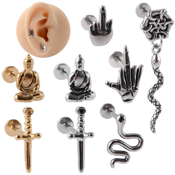 304 безрезьбовая серьга-гвоздик из нержавеющей стали, козелок шпилька, плоская серьга сзади