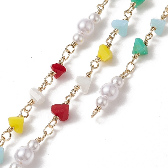 Handmade Plastic & Glass Imitation Pearl & Triangle Beaded Chains, with Rack Plating Golden Brass Findings, Unwelded, with Card Paper