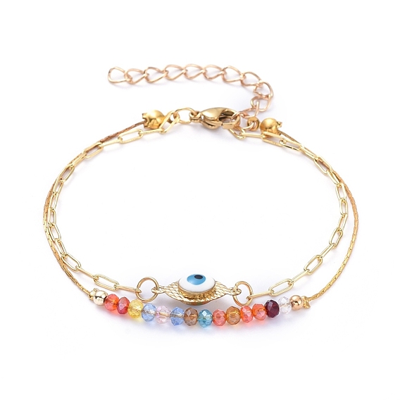 Multi-strand Bracelets, with Glass Beads, Brass Enamel Evil Eye Links, Brass Boston Link/Cable Chain and 304 Stainless Steel Lobster Claw Clasps