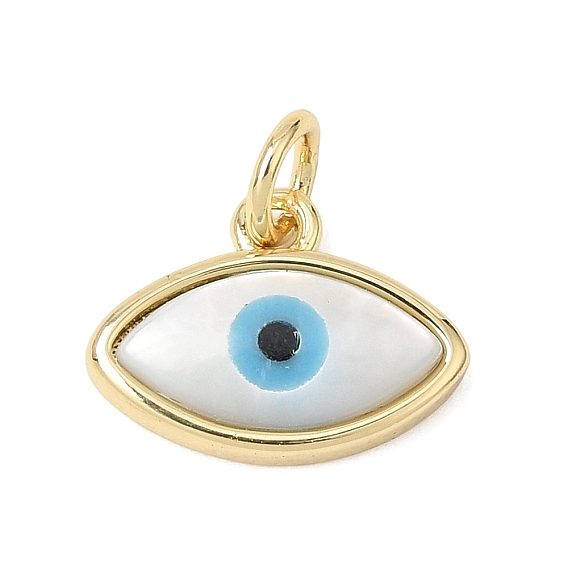 Brass & Natural White Shell & ResinPendants, Evil Eye Charms, Rack Plating, Long-Lasting Plated, Cadmium Free & Lead Free