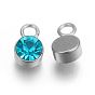 Glass Rhinestone Charms, Birthstone Charms, with Stainless Steel Color Tone 201 Stainless Steel Findings, Flat Round