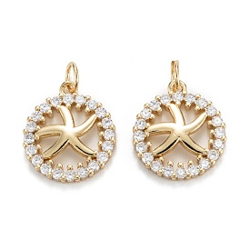 Brass Micro Pave Clear Cubic Zirconia Pendants, Long-Lasting Plated, Flat Round with Starfish