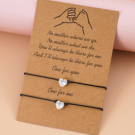 Black Braided Bracelet with Heart-shaped Cubic Zirconia and Diamond, Friendship Card Bracelet