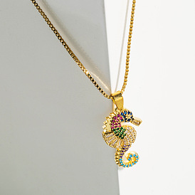 Colorful zircon seahorse pendant necklace - trendy and fashionable collarbone chain.