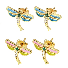Dragonfly Real 18K Gold Plated Brass Stud Earrings, with Enamel and Cubic Zirconia