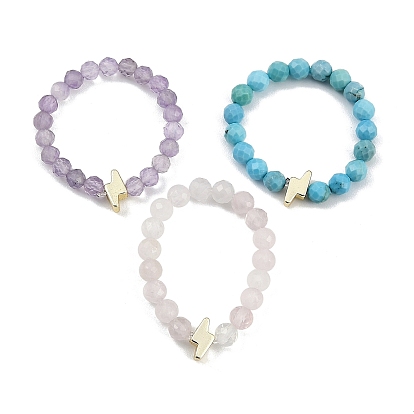 Кольца-растяжки с бусинами из немагнитного синтетического гематита и натурального драгоценного камня в форме молнии