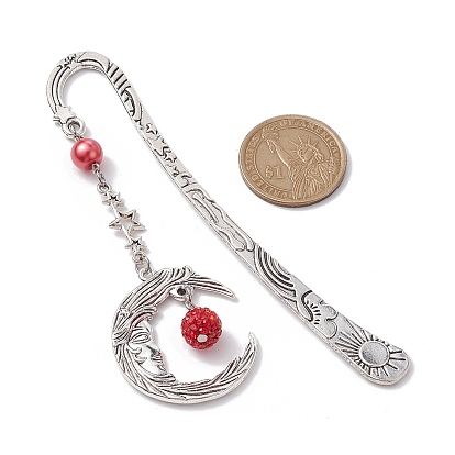 Alloy Moon Pendant Bookmark, Tibetan Style Alloy Hook Bookmarks, with Glass Pearl