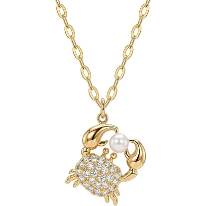 Summer Beach Brass Micro Pave Clear Cubic Zirconia Sea Animals Pendant Necklaces, Golden, with Plastic Pearl
