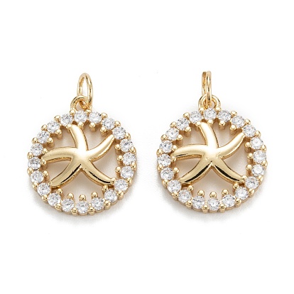 Brass Micro Pave Clear Cubic Zirconia Pendants, Long-Lasting Plated, Flat Round with Starfish