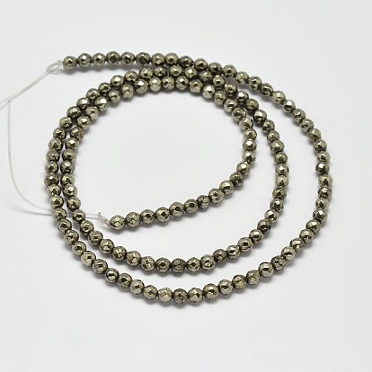 Natural Pyrite Round Beads Strands, Faceted, Grade A