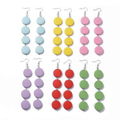 Poplar Wood Dangle Earrings, with Brass Earring Hooks, Iron Findings, Flat Round