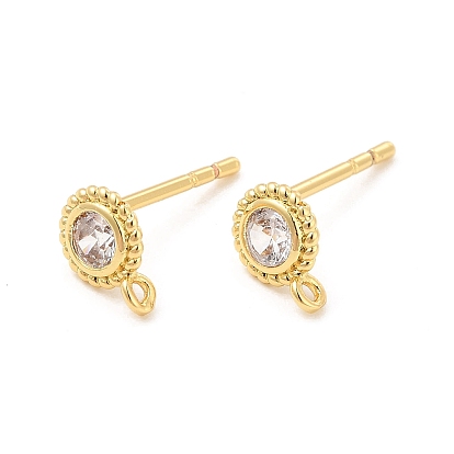 Brass Micro Pave Cubic Zirconia Stud Earring Findings, with Vertical Loops, Flat Round, Cadmium Free & Lead Free
