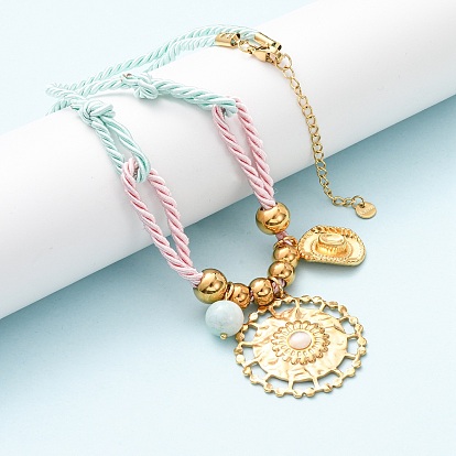 304 подвеска в виде цветка в виде ковбойской шляпы из нержавеющей стали, ожерелье из полиэфирного шнура, со стеклом и глазом кошки, ионное покрытие (ip), светло-голубой