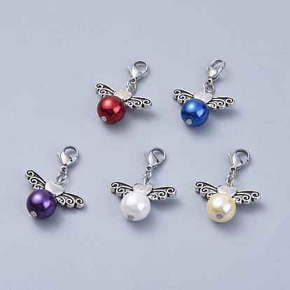 Glass Pearl Keychain, with 304 Stainless Steel Lobster Claw Clasps and Alloy Beads, Heart with Wing