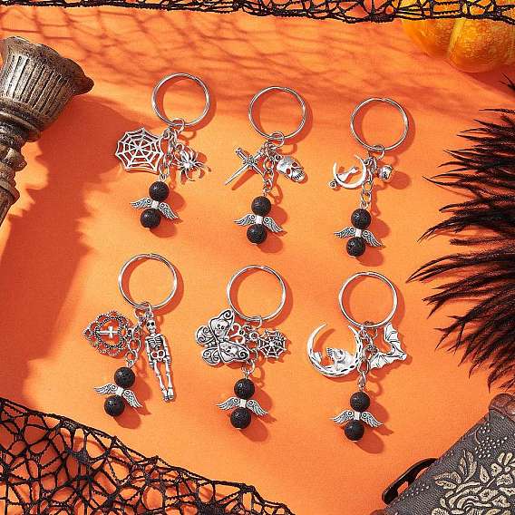 6шт. брелки из натуральной лавы, с подвеской из сплава и железными кольцами для ключей