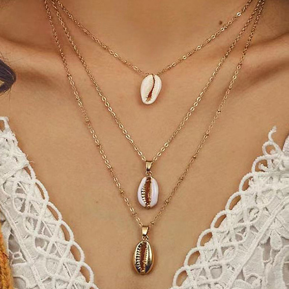 Natural Shell Handmade Multi-layer Necklace for Women - Lock Collar Chain with Three Layers of Shells