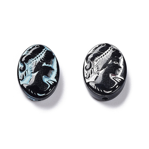 Black Opaque Acrylic Beads, Metal Enlaced, Oval with Insect Pattern
