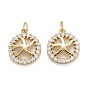 Brass Micro Pave Clear Cubic Zirconia Pendants, Long-Lasting Plated, Flat Round with Starfish