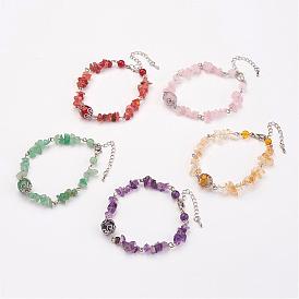 Natural Gemstone Beaded Bracelets, with 316 Surgical Stainless Steel Bead Caps and Zinc Alloy Lobster Claw Clasps, Platinum