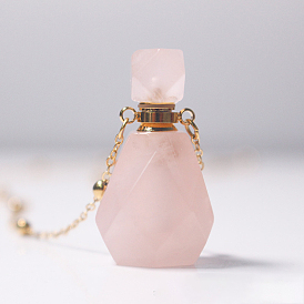 Natural Gemstone Perfume Bottle Pendant Necklace with Brass Chains, Essential Oil Vial Necklace for Women, Golden