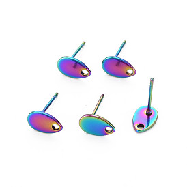 Rainbow Color 304 Stainless Steel Stud Earring Findings, with Hole, Teardrop