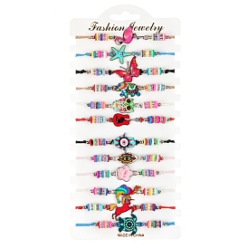 12Pcs 12 Style Flamingo & Butterfly & Starfish & Hamsa Hand with Evil Eye & Flower Alloy Link Braided Bead Bracelets Set, Polymer Clay Beaded Stackable Bracelets for Children