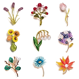 Flower Alloy and Imitation Pearl Brooch, Floral Enamel Plant Pins