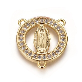 Brass Cubic Zirconia Chandelier Component Links, Cadmium Free & Lead Free, 3 Loop Connectors, Religion, Flat Round with Virgin Mary, Clear