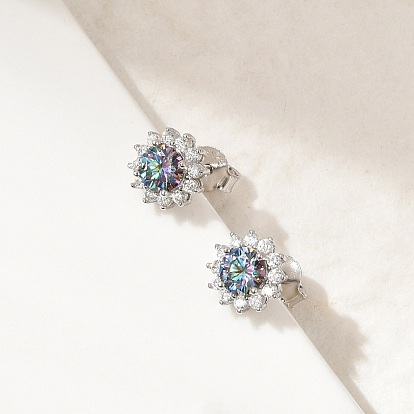 925 Серьги-гвоздики из стерлингового серебра с микропаве и прозрачным фианитом, с муассанитовым стразом, цветок