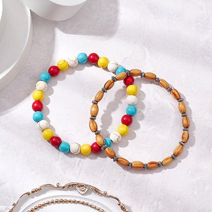 2шт. 2 стиль: набор эластичных браслетов из круглых синтетических окрашенных бирюзовых бусин и овальных деревянных бусин, с антикварными серебряными бусинами в тибетском стиле