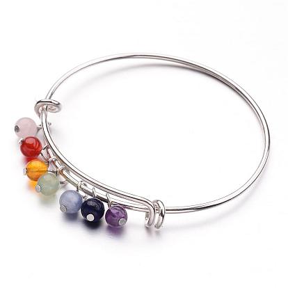 Brass Charm Bangles, Chakra Bangles, Adjustable, Silver Color Plated, with Mixed Gemstone Beads