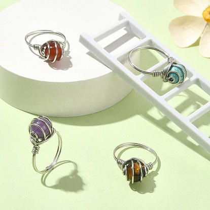 4Pcs 4 Style Natural Mixed Gemstone Round Beaded Finger Rings Set, Copper Wire Wrap Rings