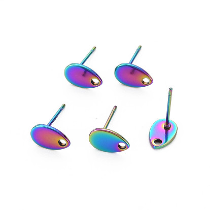Rainbow Color 304 Stainless Steel Stud Earring Findings, with Hole, Teardrop