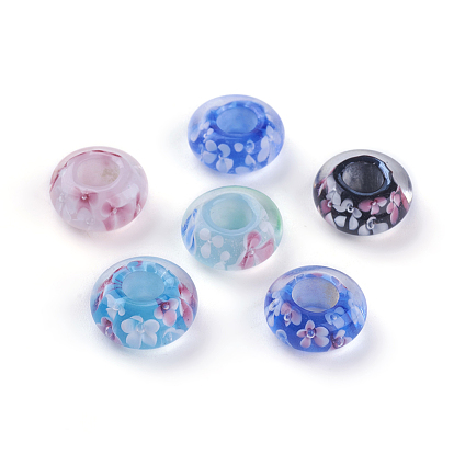 Handmade Lampwork Beads, Large Hole Beads, Rondelle with Flower