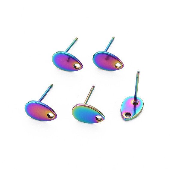 Rainbow Color 304 Stainless Steel Stud Earring Findings, with Hole, Teardrop