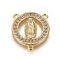Brass Cubic Zirconia Chandelier Component Links, Cadmium Free & Lead Free, 3 Loop Connectors, Religion, Flat Round with Virgin Mary, Clear