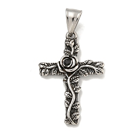 316 Surgical Stainless Steel Pendants, Cross with Rose Charm