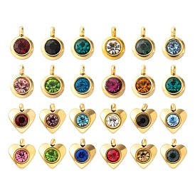 36Pcs 12 Colors 304 Stainless Steel Rhinestone Charms, Birthstone Charms, Flat Round & Heart
