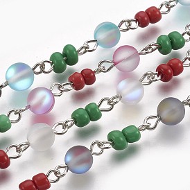Handmade Synthetical Moonstone Beads and Glass Seed Beads Chains, Unwelded, with Iron Eye Pin, Platinum