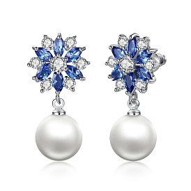 Platinum Plated Brass Flower Cubic Zirconia Stud Earrings, with Round Shell Pearl, 13x13mm, Pin: 0.8mm
