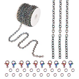 Kit de fabrication de bijoux de chaîne de bricolage, y compris le placage ionique de couleur arc-en-ciel (ip) 304 chaînes de câbles en acier inoxydable 5 m et 10 fermoirs en pièces et 20 anneaux en pièces, 1 bobine en plastique pc