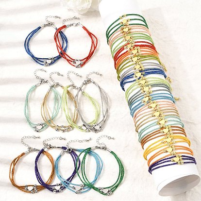 Bracelets multi-chaînes en polyester, Bracelets en laiton avec perles en forme de cœur et fermoirs mousquetons en acier inoxydable