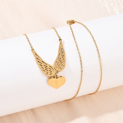 304 Женское ожерелье с подвеской в виде сердца из нержавеющей стали с крыльями ангела, ионное покрытие (ip)