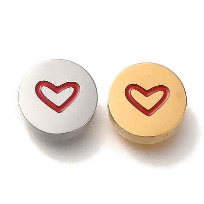 304 из нержавеющей стали бусы, с эмалью, плоско-круглые с сердцем