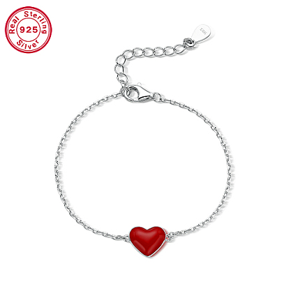 Rhodium Plated Platinum 925 Sterling Silver Charm Bracelets, with Red Enamel, with 925 Stamp